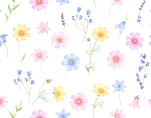 Seamless pattern with pink flowers, perfect for spring illustration, love-themed wallpaper, or baby birthday card design