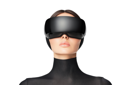 Futuristic woman wearing virtual reality headset, exploring digital worlds, immersive technology experience.