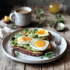 Two avocado toast slices topped with fried eggs, served with coffee and orange juice