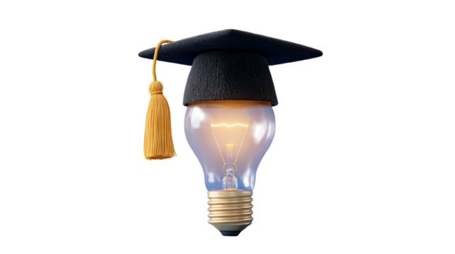 Graduation cap on a lightbulb symbolizing education and ideas, white isolated background.