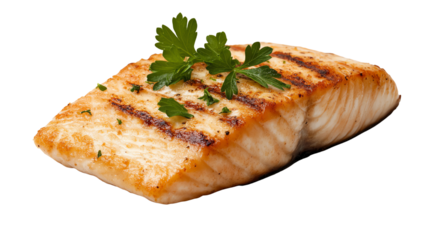 Grilled salmon fillet garnished with fresh herbs, showcasing a flavorful, healthy delicacy on a white isolated background.