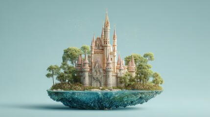 Obraz premium A whimsical castle floating in mid-air, surrounded by lush greenery and serene waters.