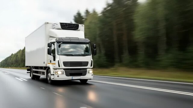 A white refrigerated truck drives down a wet highway, blurred trees in the background suggesting motion and speed