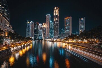 Fototapeta premium Night cityscape reflected in calm water, light trails from boat