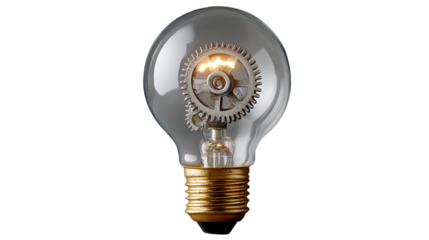 Innovative light bulb design featuring intricate gears and glowing filament, captured on a white isolated background.