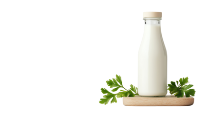 Milk bottle with fresh coriander on a wooden tray, white isolate background.