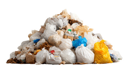 Piled garbage bags representing waste management challenges on a white isolated background.