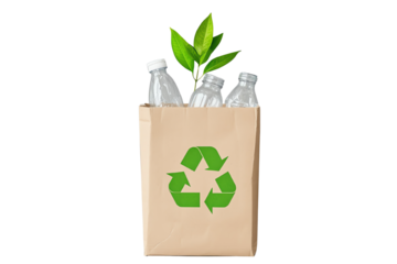 Recycling concept featuring a bag with bottles and a green plant, symbolizing sustainability and eco-friendliness.