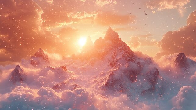 Mountain peaks piercing clouds with sun rays creating dreamy hope-inspired landscape vector, ideal for motivational posters, travel promotions and spiritual background designs