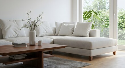 Modern, light-filled living room featuring a sectional sofa, coffee table, and potted plant.