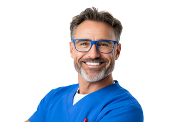 Smiling healthcare professional in scrubs with glasses, isolated on white background.