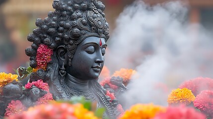Dark statue of a deity surrounded by flowers and smoke.