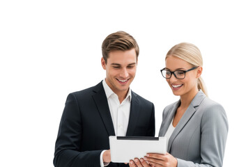 Young Caucasian man in dark business suit and blonde woman in light grey suit with glasses smiling, looking at a tablet in a transparent studio with copy space, professional business collaboration