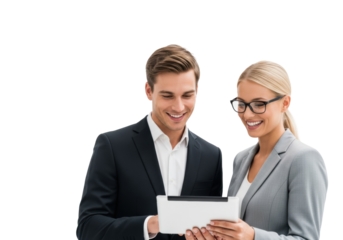 Young Caucasian man in dark business suit and blonde woman in light grey suit with glasses smiling, looking at a tablet in a transparent studio with copy space, professional business collaboration