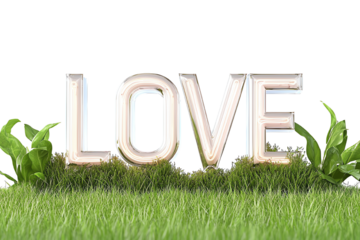 The word love displayed in illuminated letters surrounded by green grass and plants on a white isolated background.