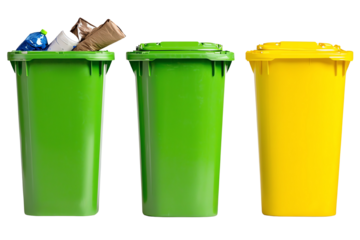 Three color-coded recycling bins for waste separation on a white isolated background.