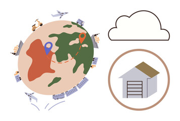 World map, transportation modes, digital cloud, and storage warehouse illustrating global trade, logistics, shipping, e-commerce, remote management sustainability and data integration. Simple flat