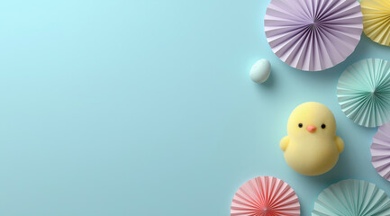 Yellow Easter chick surrounded by pastel paper fan decorations creates cheerful spring display.
