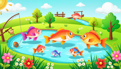 Obraz premium Colorful pond illustration depicting fish swimming in clean water, surrounded by vibrant greenery and blue skies. Pond illustration shows tranquil nature setting with fishing pole and cheerful sun.