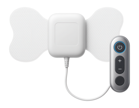 Electronic pain relief device with adhesive gel pads and wired remote control