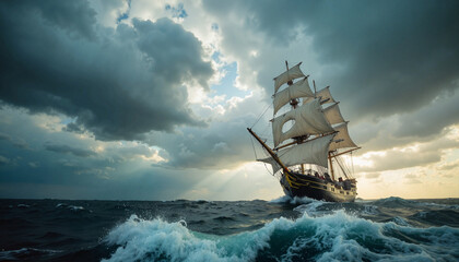 Majestic sailing ship navigates turbulent waters under dramatic sky, sailing ship catches sunlight, showcasing resilience and power. Sailing ship adventure under dark clouds embodies exploration © Elenba