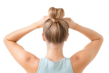 Woman with blonde hair styling a bun, showcasing an active and casual lifestyle, with a focus on personal grooming.