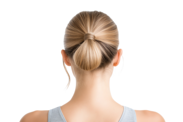 Woman's hair styled in a sleek bun, seen from the back against a white isolated background.