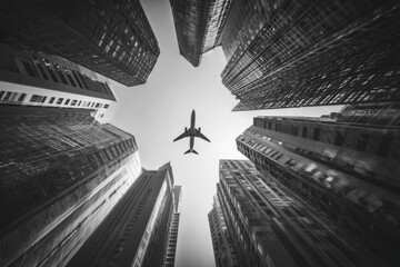 Low-angle monochrome shot of a plane soaring above towering skyscrapers