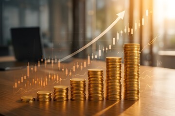 innovation economic success golden coin stacks with digital stock market graphics