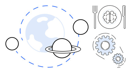 Obraz premium Earth, Saturn, and orbits symbolize space brain on plate suggests intellect gears indicate progress. Ideal for science, exploration, innovation, creativity, education, problem-solving teamwork