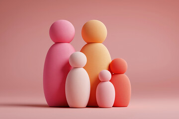 Colorful abstract figures represent loving family unit in harmonious soft-toned artistic arrangement.