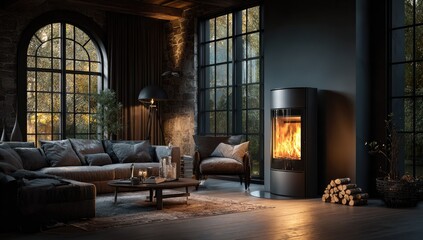 Dark, cozy living room with a modern fireplace, large windows, and autumnal scenery