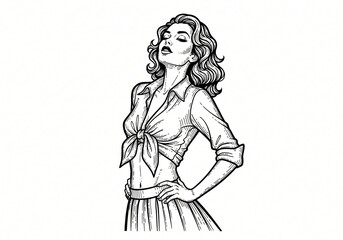 Naklejka premium Stylish Retro Woman Pinup Girl Vintage Fashion Illustration Hand Drawn Black and White
