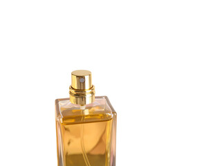 A luxurious glass perfume bottle, isolated on white, showcasing a transparent liquid fragrance for beauty and cosmetic care