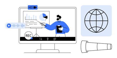 Man giving a virtual presentation with charts on a screen, microphone, and recording tools. Ideal for online learning, webinars, remote working, global reach, technology, education communication