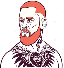 Vector Illustration of Bearded Fighter with Tribal Tattoos and Red Hair

