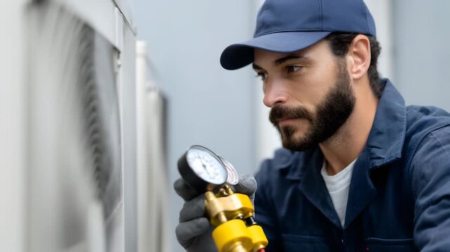 A repairman checking an air conditioning system with tools and a pressure gauge