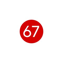 This image shows a red circle with the number  67 in white, centered on a plain white background. 