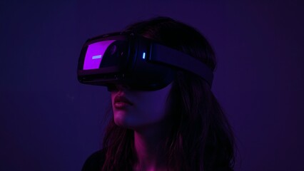 Woman wearing a virtual reality headset with glowing purple screen in darkness
