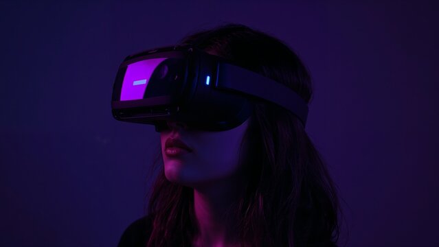 Woman wearing a virtual reality headset with glowing purple screen in darkness