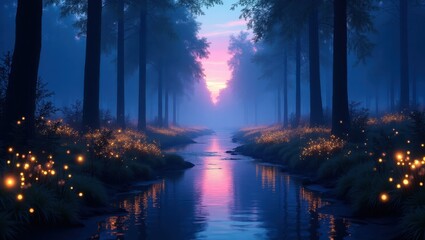A serene forest river scene at dawn.