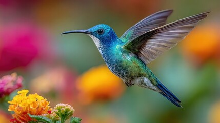 Fototapeta premium Vibrant hummingbird in flight amidst colorful flowers