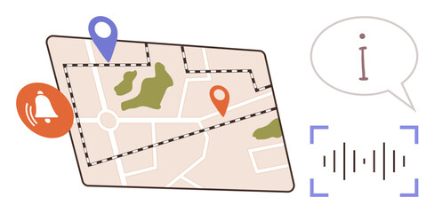 Map with location pins, alert bell, and soundwave representing voice commands. Ideal for navigation, travel, geolocation, GPS, alerts information systems and digital interaction. Simple flat