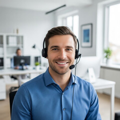Smiling customer support agent wearing headset in modern office setting, professional appearance, bright background, communication and service concept.