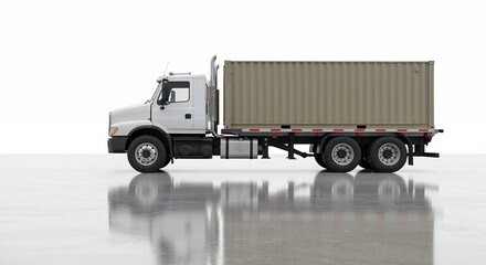 Side view of an American truck with container on glossy surface and white background.

