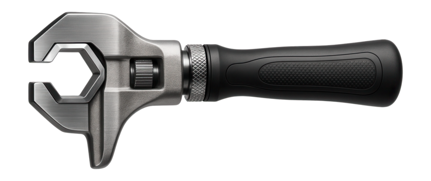 Hexagonal pipe wrench with a unique jaw shape for gripping hexagonal fittings in a gas installation.