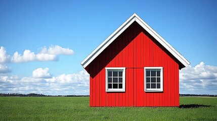 Red cottage on a grassy field under a clear blue sky.