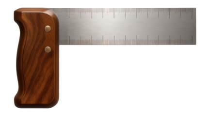 Wooden try square with a thick handle and metal blade for checking right angles in a carpentry workshop.