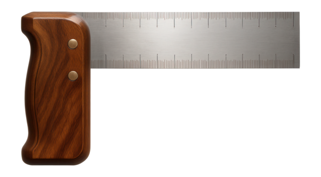 Wooden try square with a thick handle and metal blade for checking right angles in a carpentry workshop.
