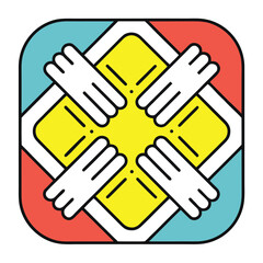 Obraz premium Teamwork and Collaboration Icon Featuring Interlocking Hands in a Colorful Square Design Symbolizing Unity Support and Partnership for Business Community and Social Projects